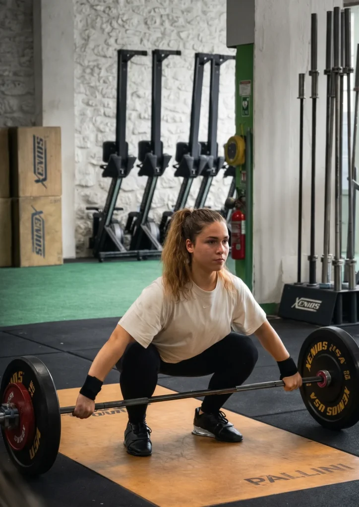 Adhérente en position de départ d'arraché, cours d'haltérophilie chez Farmer CrossFit à Plaisir